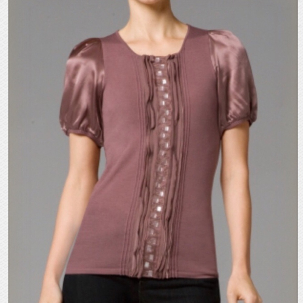 BCBGMAXAZRIA Fairycore Purple Knit Silk Puff Sleeve Gemstone Blouse
